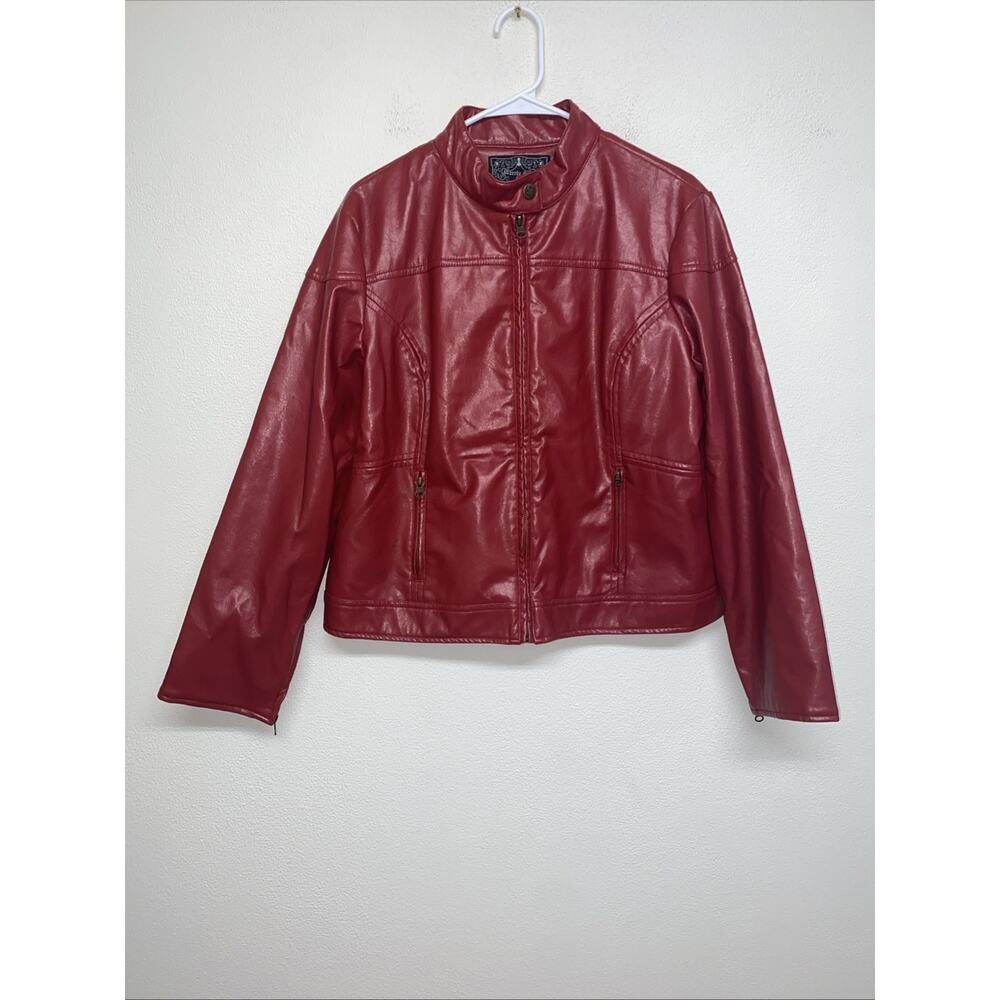 Woman’s Beverly Hills Polo Club Size XL Faux Leather Red Zip Up Motorcycle jacke
